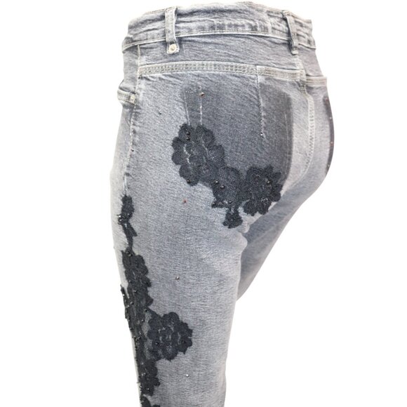 Gray Bootcut Flare Jeans with Black Lace Appliqué Trim 30 - Picture 6 of 10